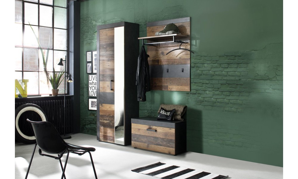 3 delig vestiaire-set 160cm inkomhal Home - decor oud hout met grijs 3 delig vestiaire-set 160cm inkomhal Home - decor oud hout met grijs